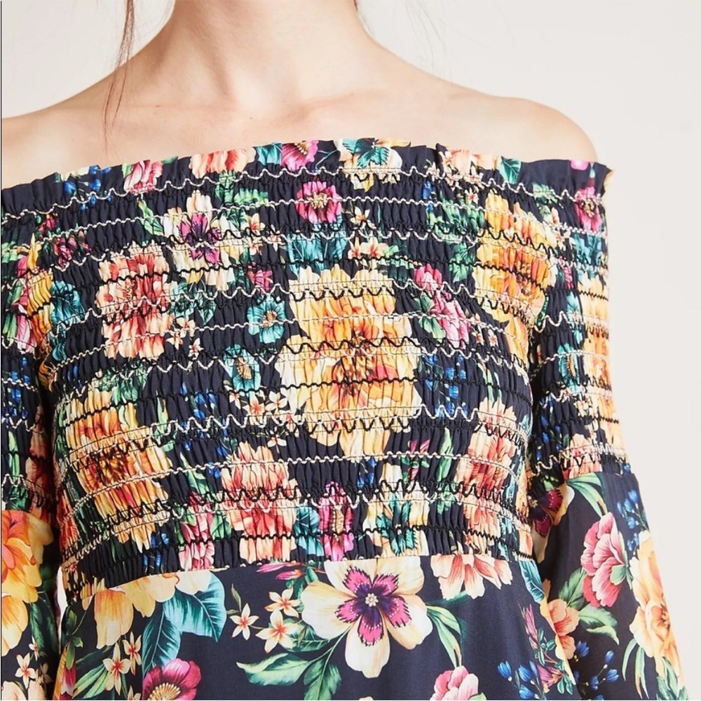 Farm Rio x Anthropologie Sasha Off-Shoulder Flroal Smocked Dress New Size Small - Picture 2 of 13